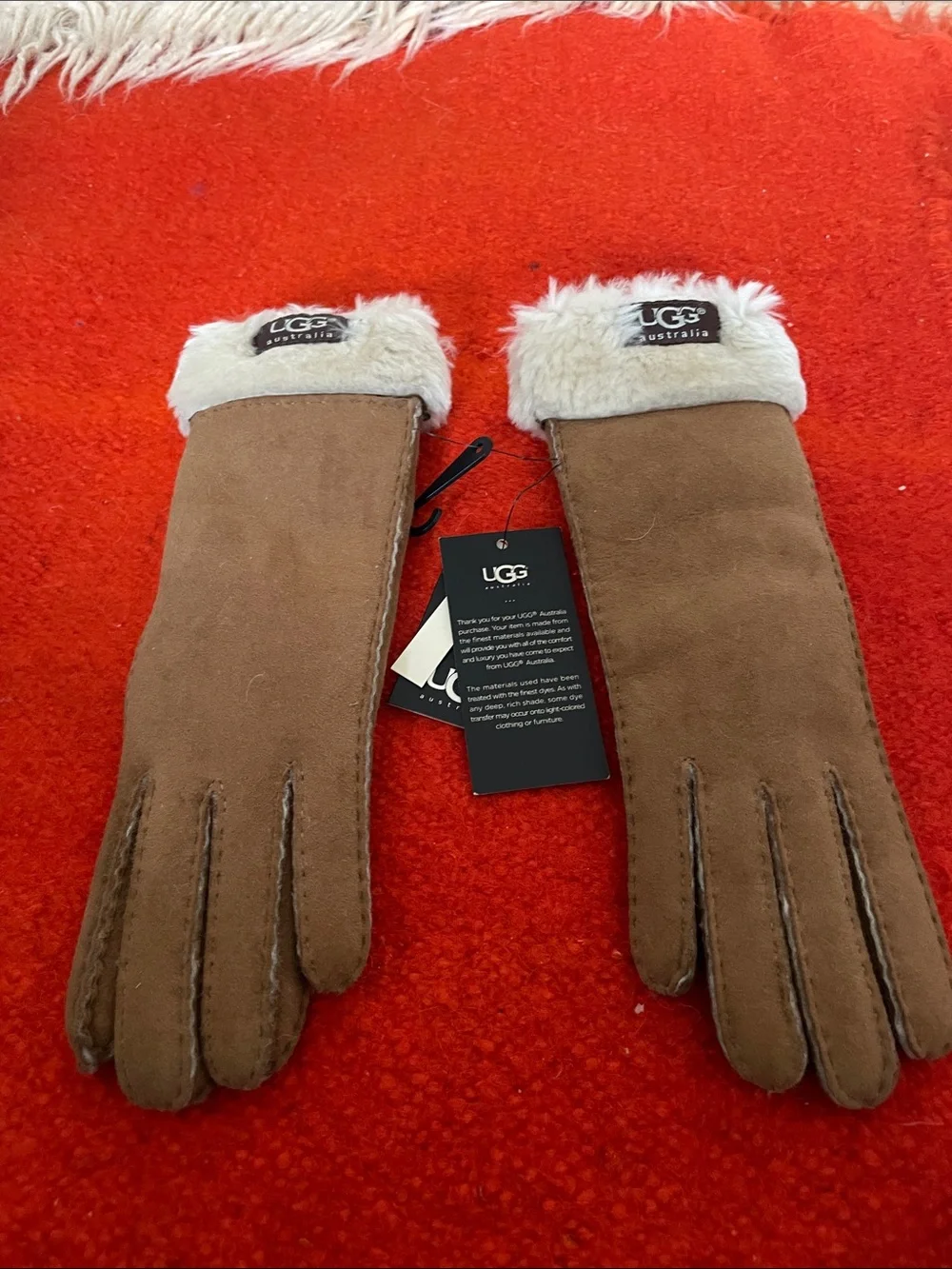 UGG Brown Suede Shearling-Trim Gloves with Cream Cuff Size Small